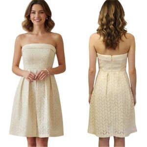 eva mendes / ny company | yellow strapless retro lace fit & flare dress